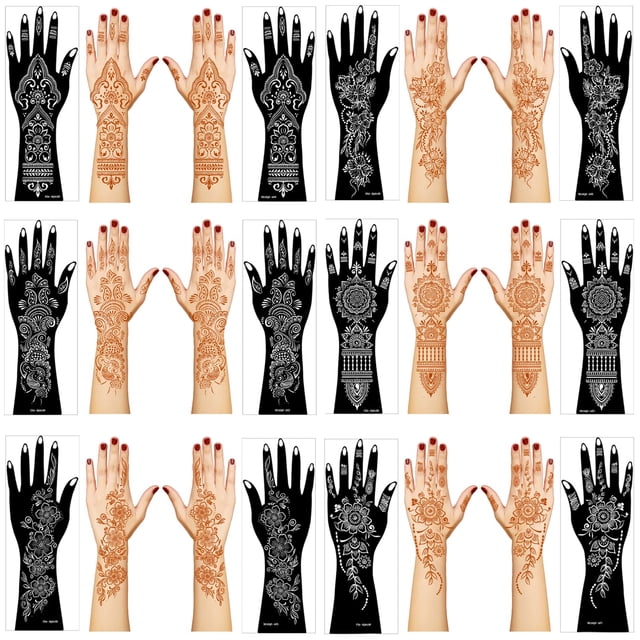 Kit de plantilla de tatuaje de henna, 12 hojas de pegatinas para tatuaje de henna, mano, antebrazo, aerógrafo con purpurina, plantilla de tatuaje DIY, pegatinas de tatuaje temporales indios grandes