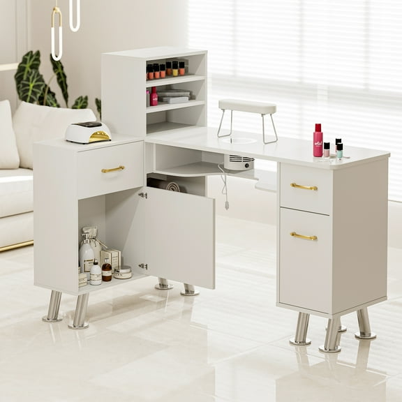 L-Shaped Manicure Table Nail Station with Shelves, Nail Tech Table w/Dust Collector, Storage Cabinets, Drawers, Metal Handles & Legs(White)