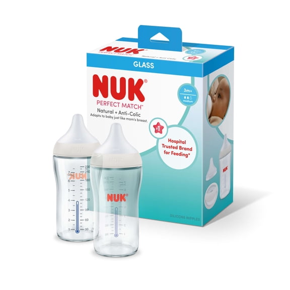 NUK Perfect Match Glass Anti-Colic Baby Bottle, Slow Flow, 0 Months, 8 oz, 2 Pack