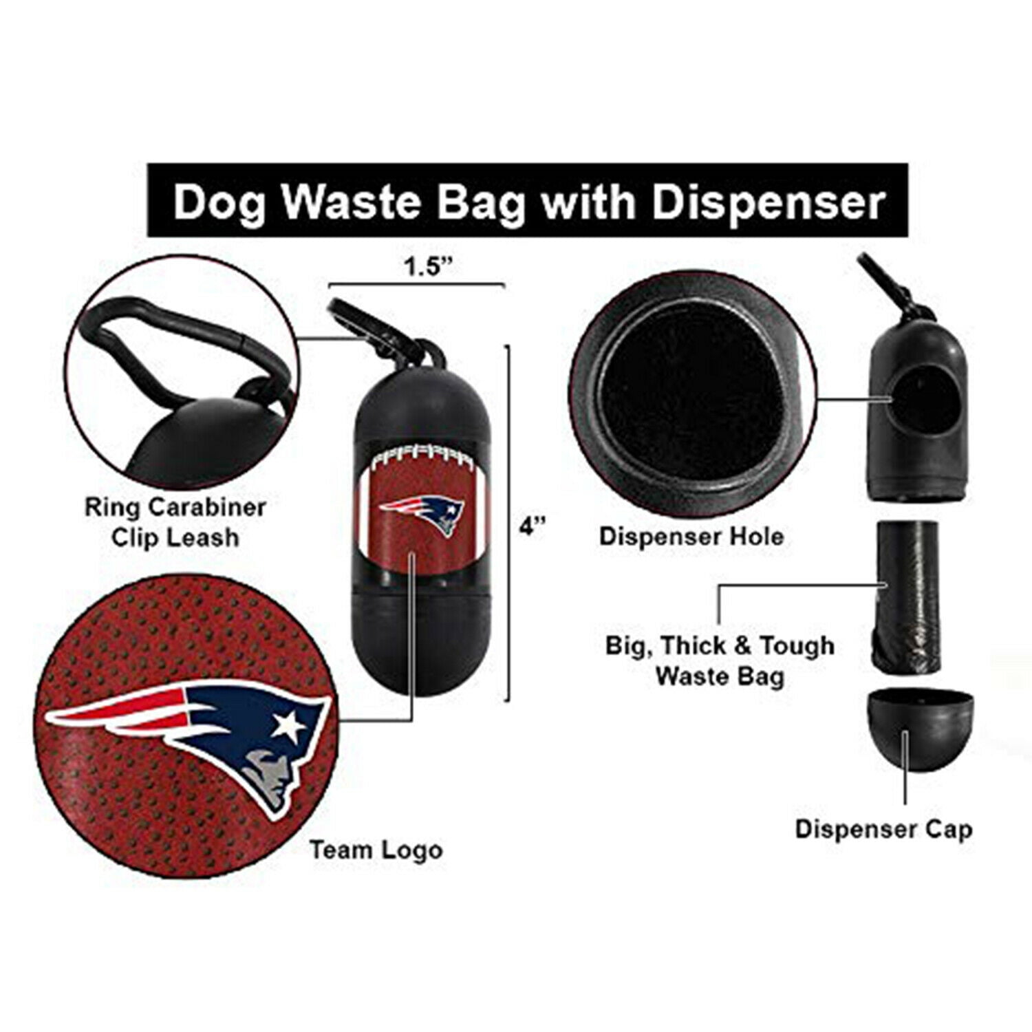 NFL NEW ENGLAND PATRIOTS Cool & Sporty Poop Waste Bag Dispenser with a Leash D Ring & with 1200 Premium Dog Poop Bags