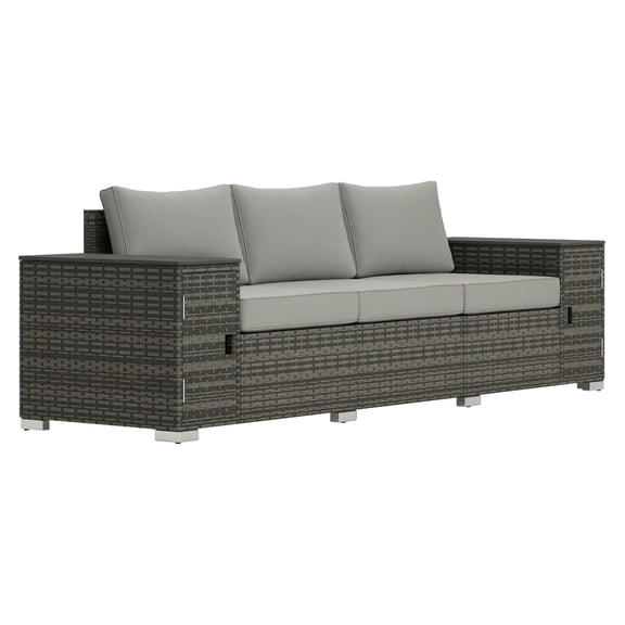 3 Seater Wicker Outdoor Couch Patio Sofa with Storage, Gray - Thick Cushions, Wide Armrests, Porch Yard Furniture