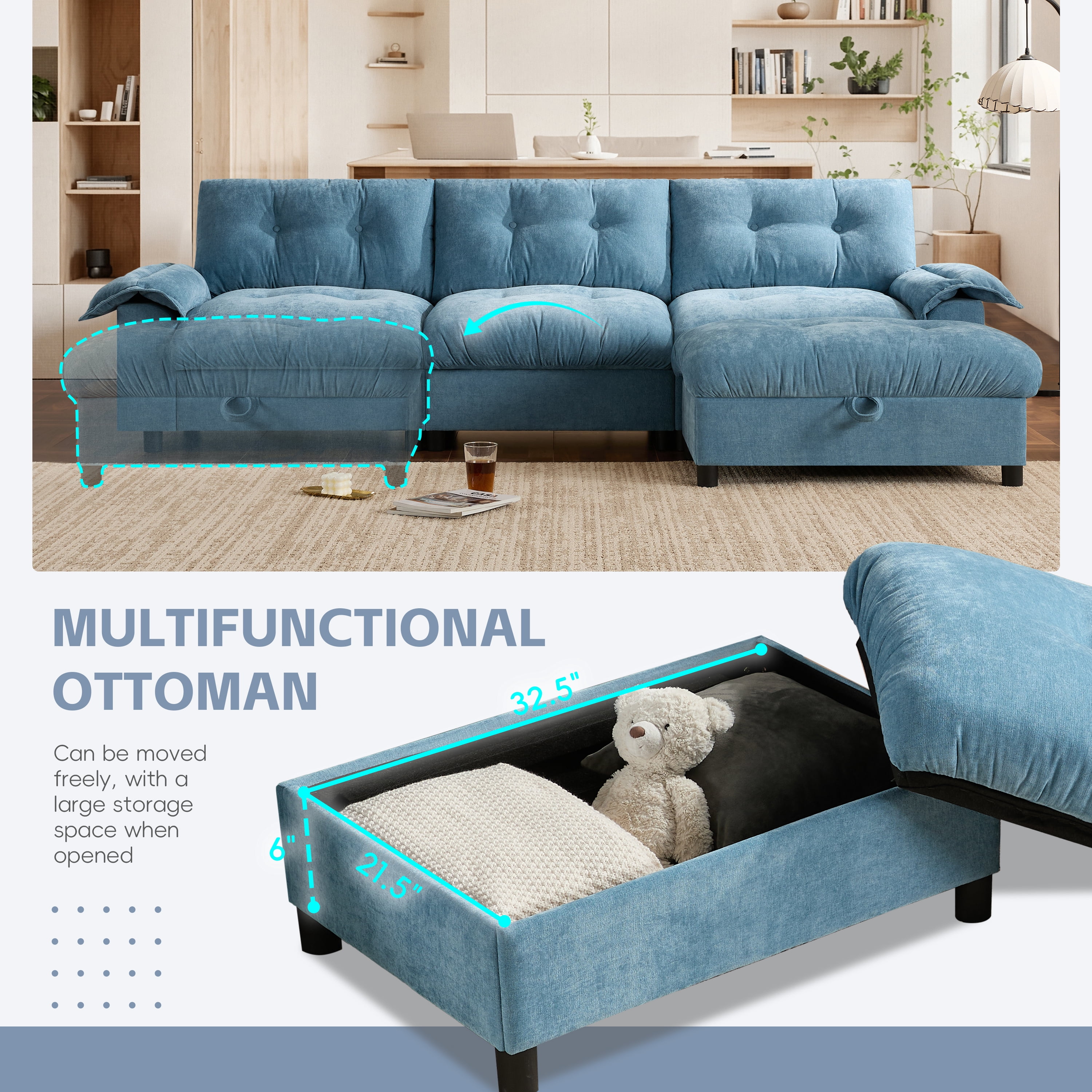 Sectional Sofa, L Shape Sofa, Tufted Sofa with Multifunction Pull-Out Armrest and Storage Ottoman, Chenille Couch with Side Storage Pockets, for Living Room, Light Blue