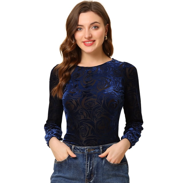 Blusa de manga abullonada larga de terciopelo con estampado de puntos para mujer Azul-Floral M