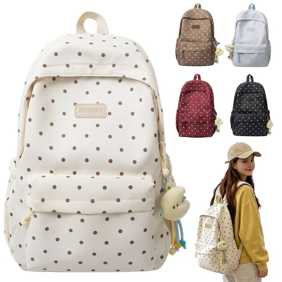 HomelyJoy Cute Polka Dot Backpack for School Women, Casual Nylon Laptop Bookbag Daypack with Plush Charm for Campus Weekend Commute, 1 pc