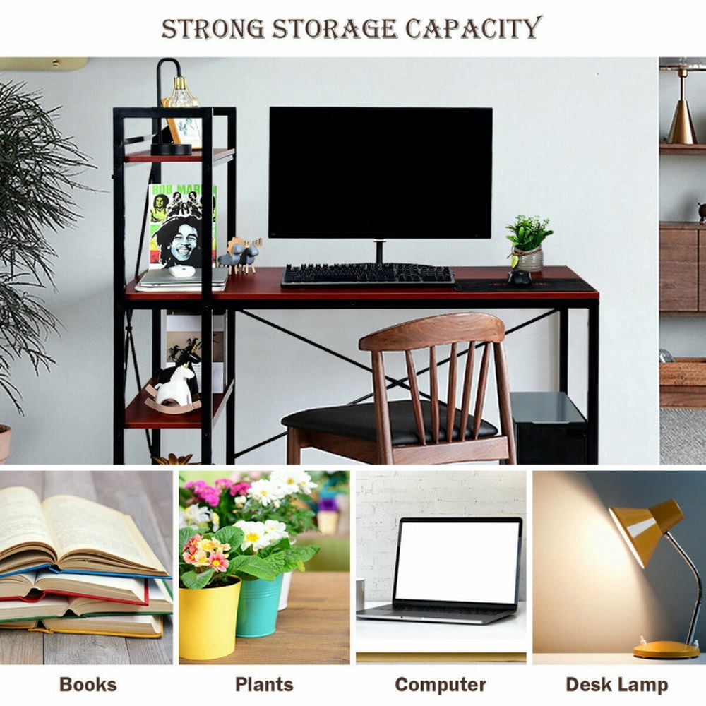 Demi Bonn 47.5" Writing Study Table Computer Desk with 4-Tier Shelves, Small Home Office Desk, Rustic Brown