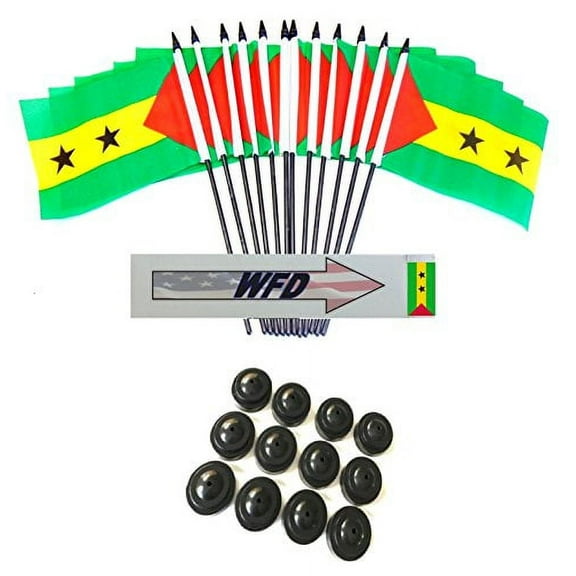 Pack of 12 4"x6" Sao Tome and Principe Polyester Miniature Office Desk & Little Table Flags, 1 Dozen 4"x 6" Sao Tome Small Mini Handheld Waving Stick Flags with 12 Flag Bases (Flags with Stands)