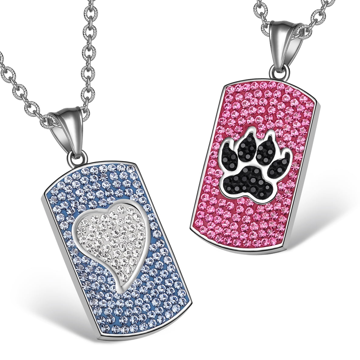 Heart and Wolf Paw Austrian Crystal Love Couples Best Friends Dog Tag Rainbow White Cherry Red Necklaces