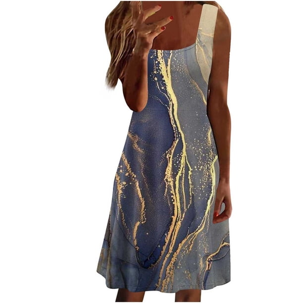 Vestido estampado de cuello redondo sin mangas cómodo de verano informal de moda para mujer Pompotops ghjkhdj4773