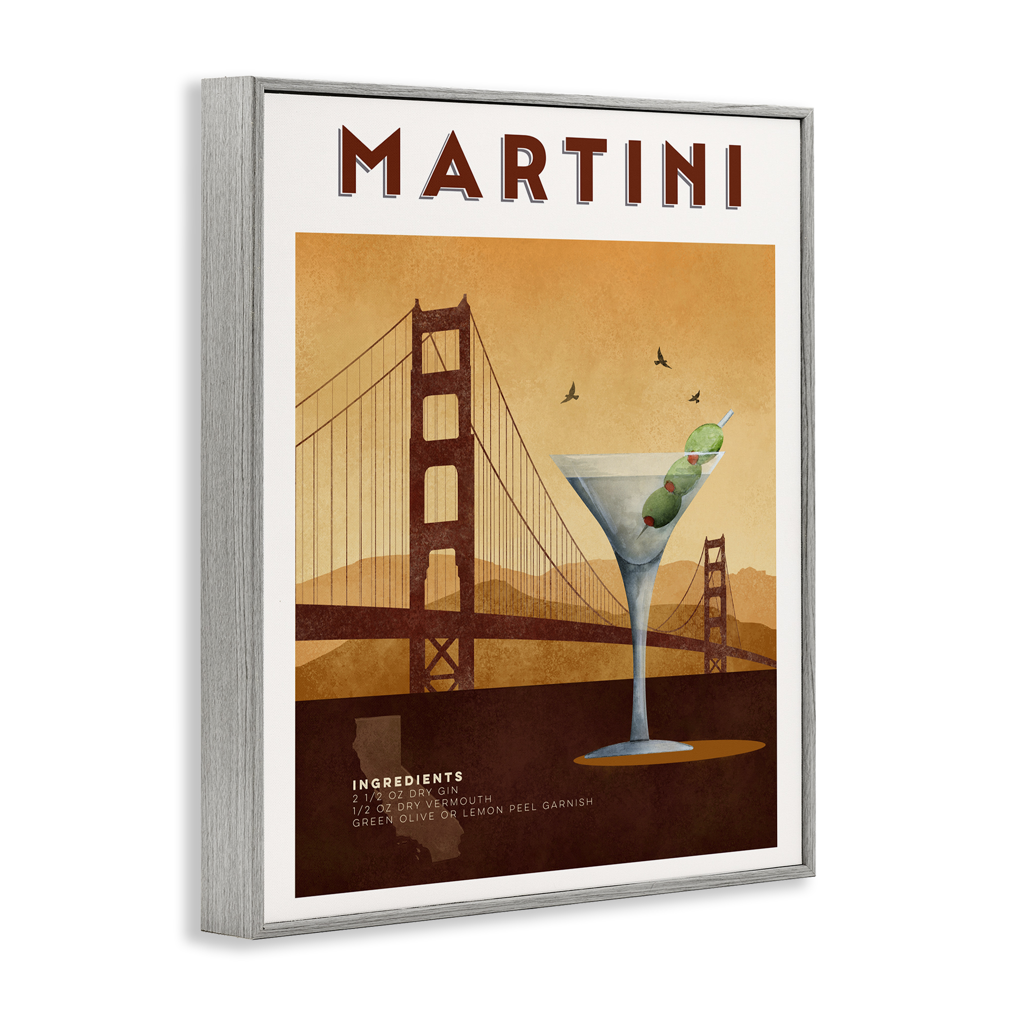 Retro Martini & Bridge View Gray Framed Giclee Art, design by Brett Blumenthal