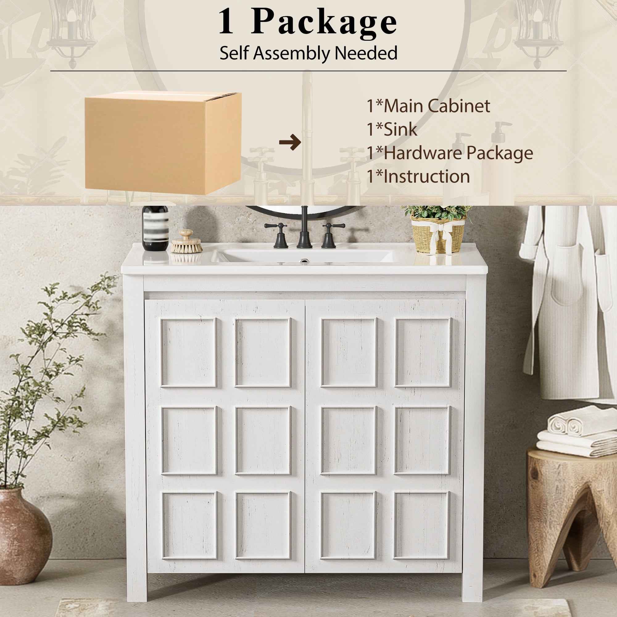 Euroco 36 " Bathroom Vanity Organizer with Ceramic Sink, Set Bathroom Storage Cabinet,Antique White