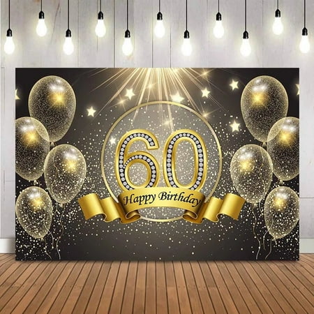 Image of 60th birthday backdrop Glitter shiny adult birthday party decoration photo background women s portrait backdrop golden balloons