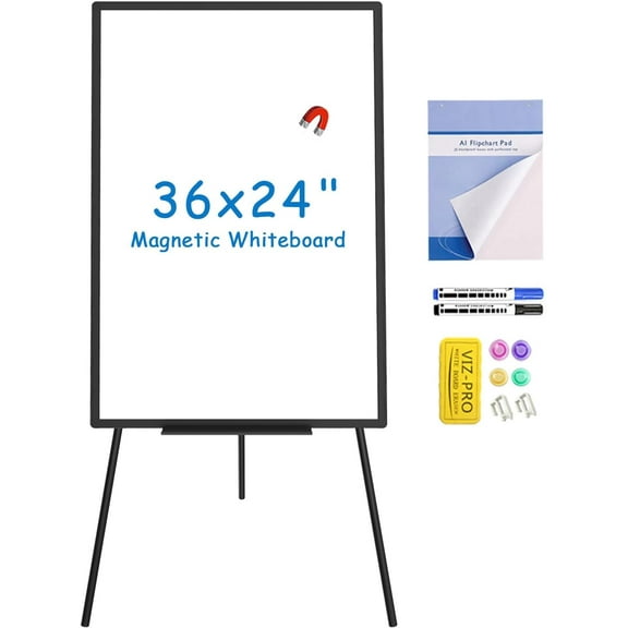 Magnetic Whiteboard Easel Black, 36 x 24 Inches, Portable Dry Erase Board Height Adjustable for School Office and Home