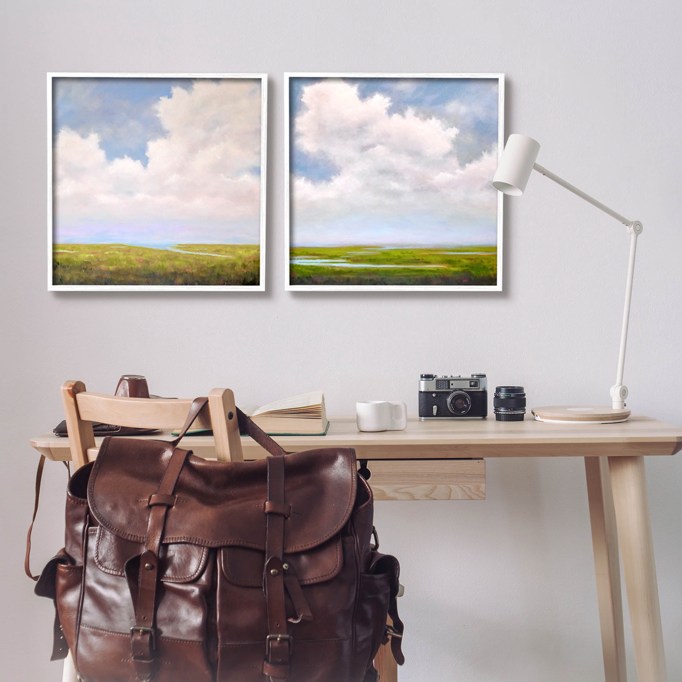 Stupell Industries Panoramic Clouds Over Bay Painting White Framed Art Print Wall Art, Set of 2, Design by Catherine Andersen