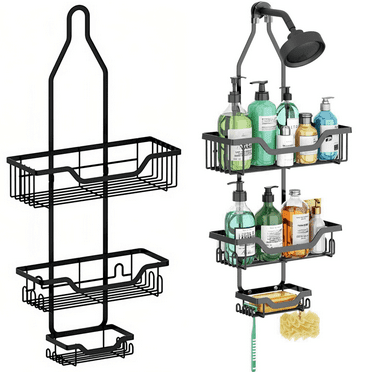 Bathroom Shower Caddy Hanging, Shower Organizer Hanging 3-Tier with Hooks for Towels, Sponge, Shower Caddy over Shower Head Fits, Black by Fakrich