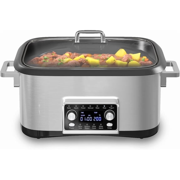 12-in-1 Programmable Slow Cooker, 8 Quart Slow Cooker with Timer, Temp Control and Auto Shut Off, Multi Cooker with Steaming Rack, Dishwasher-Safe Visual Glass Lid, Stainless Steel