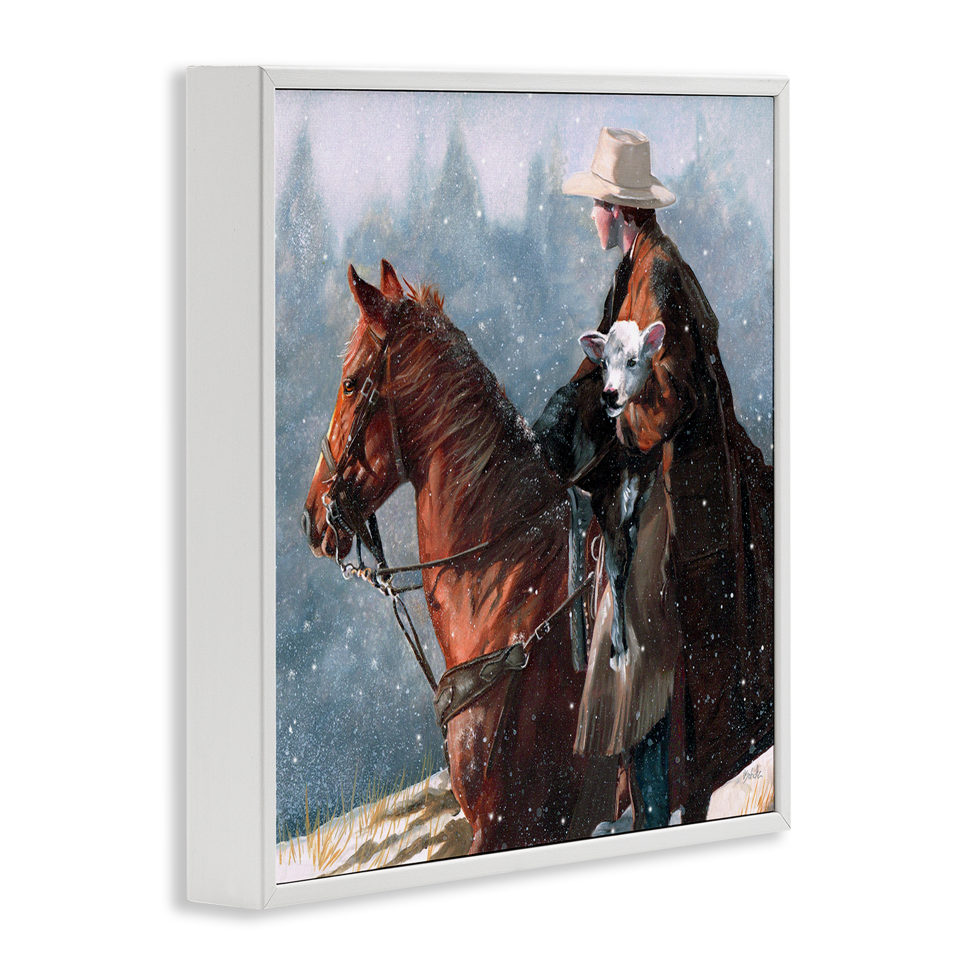 Stupell Industries Cowboy Snow Scene Animals & Insects Painting White Framed Art Print Wall Art, 12 x 12