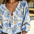 thumbnail image 5 of NTACZA Casual Women'S Summer&nbsp;Tops Boho Paisley Blouses Knot Front Ruffled V Neck Relaxed Fit 3/4 Sleeve Puff Vacation Blue, 5 of 8