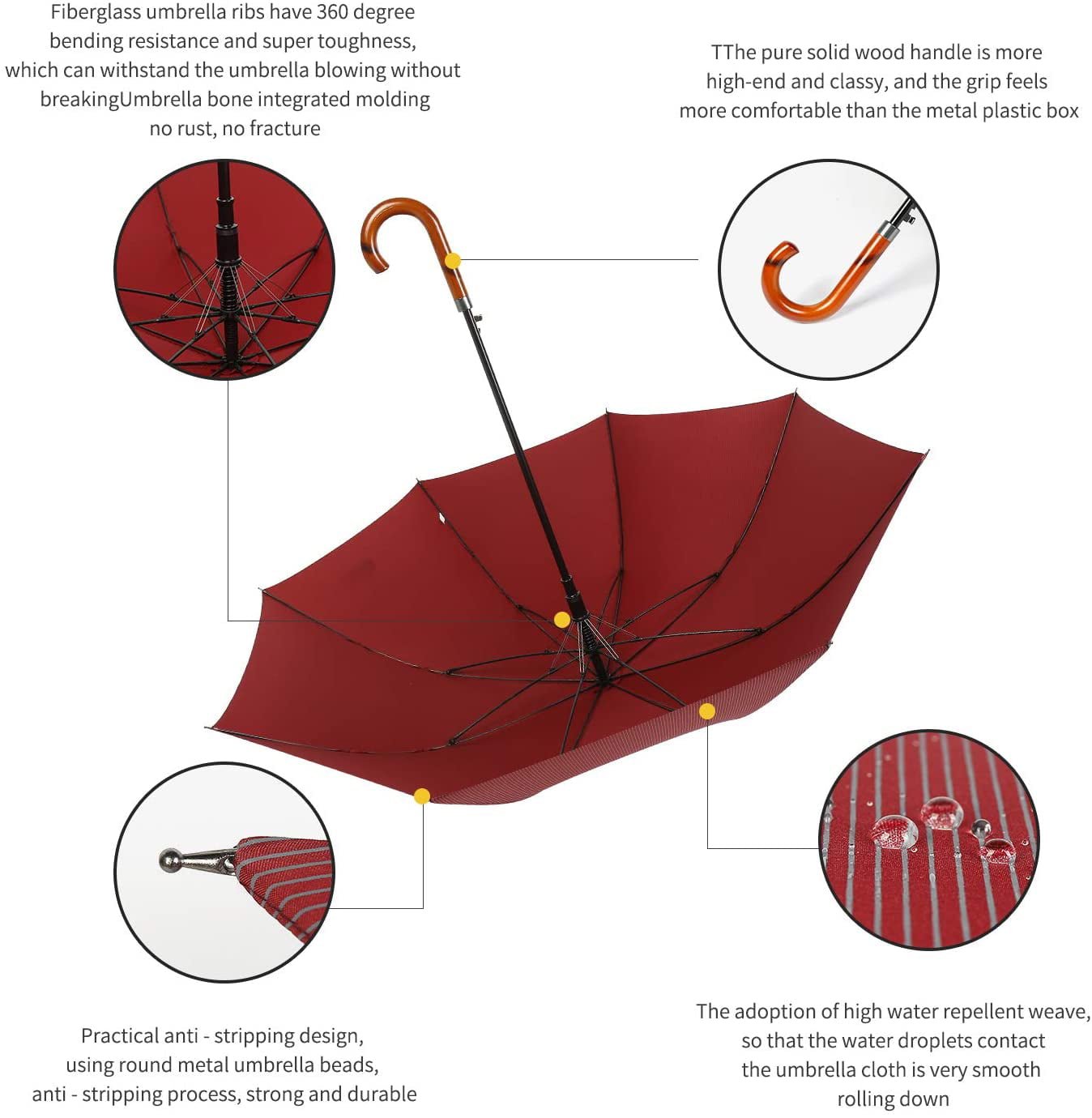 Red Oversize Umbrella Windproof Wooden Hook Handle Automatic Open Stick Fast Drying Umbrella for Men Women 