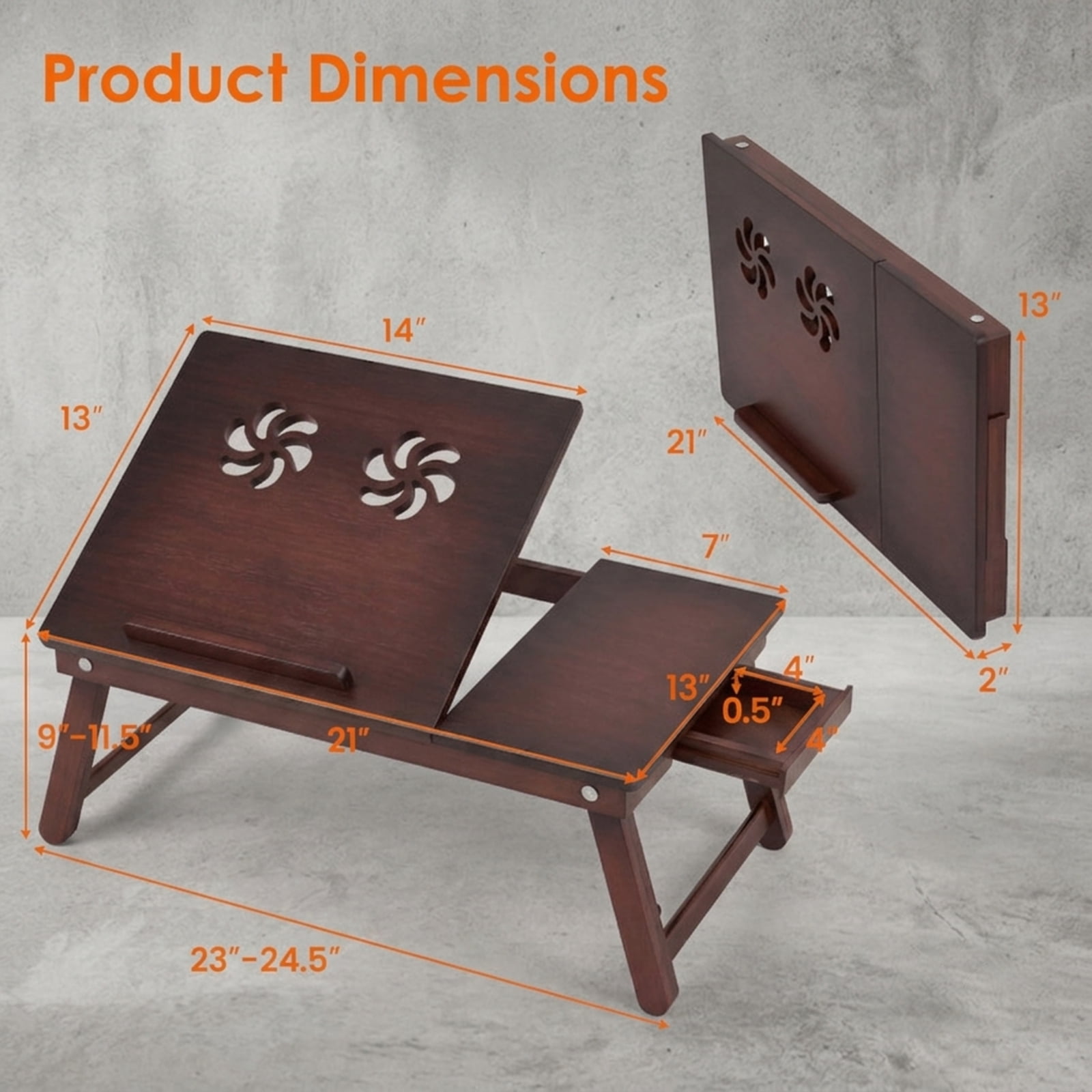 Furnibear Adjustable Bamboo Laptop Desk with Tilting Top Foldable Legs and Side Storage Drawer for Bed Sofa and Study, Brown