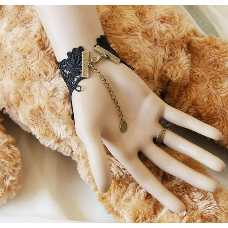 CHGBMOK Gothic Black Lace Bracelet with Finger Ring, Vintage