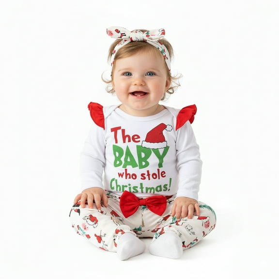 Kuleyang Baby Girls Christmas Outfits Long Sleeve Ruffle Romper Floral Pants Cute Winter Warm Xmas Infant Newborn Girls 3PCS Clothes Set 0-3 Months