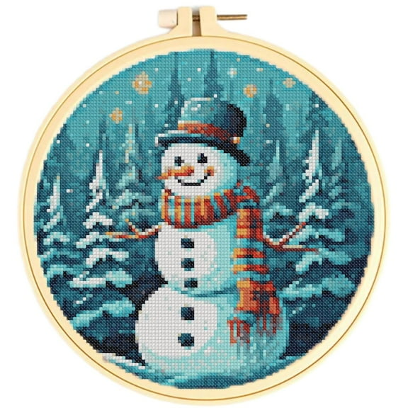 Easy Cross Stitch Kits for Starter Kits Snowman & Pine Trees DIY 11CT Pre-printed Stamped Patterns Embroidery Cross Stitching Needlework Kit Set Supplies with Hoop 38x38cm