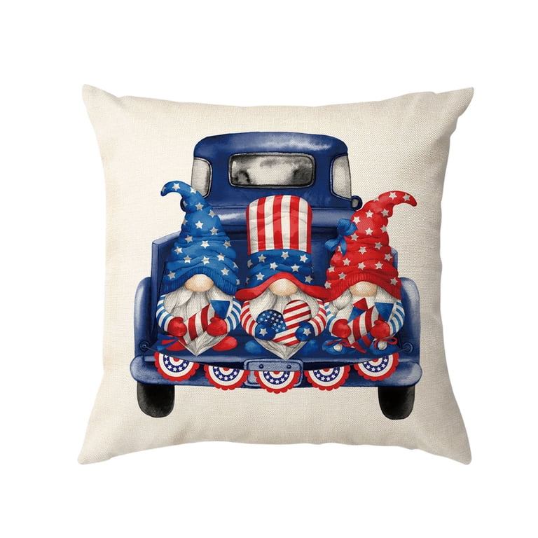 Patriotic 4th Of July Pillow Cover 18x18 Inch - Linen Star Stripes Design For Sofa & Home Decor