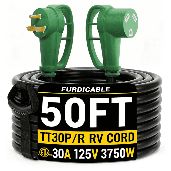 FURDICABLE 50ft 30Amp RV extension cord,NEMA TT-30P to TT-30R,Heavy Duty 10/3 Gauge Waterproof Power Cord for RV Outdoor Home