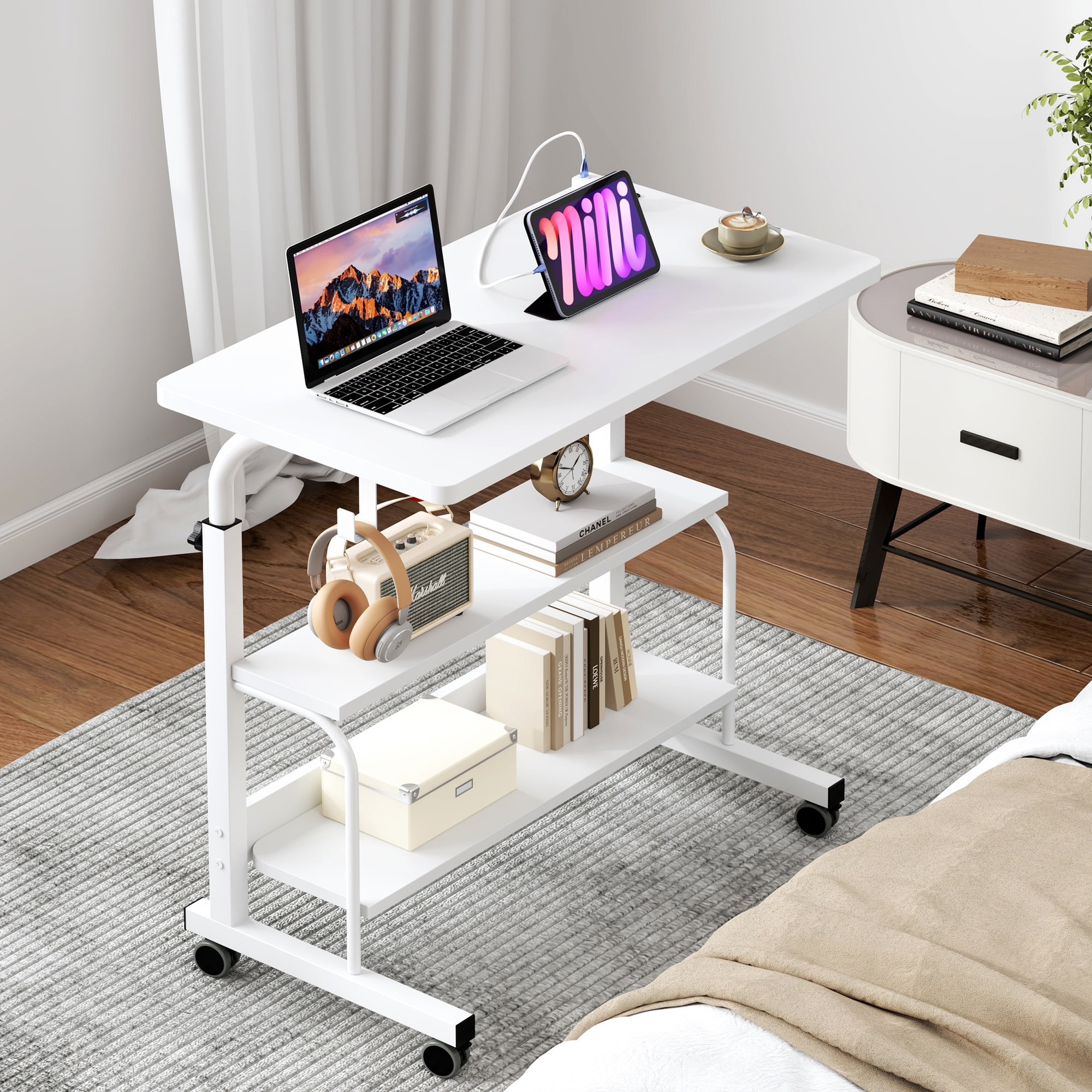 Soges 31.5" Height Adjustable Computer Desk with Charging Station, Adjustable Side Table Movable Laptop Desk with 2 Storage Shelves, Adjustable Desk on Wheels for Home Office, Sofa, Bed, White