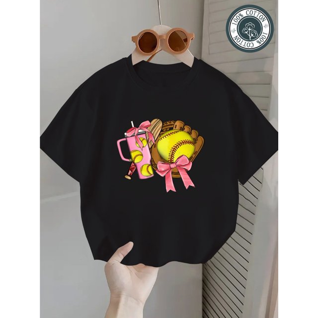 Baseball - Softball - Water Cup - Creative Slogan Pattern Printed Youth Fashion Girls' Clothing Girls' Fashion Single Item Four Seasons Round Neck Versatile Short Sleeve T-shirt Casual