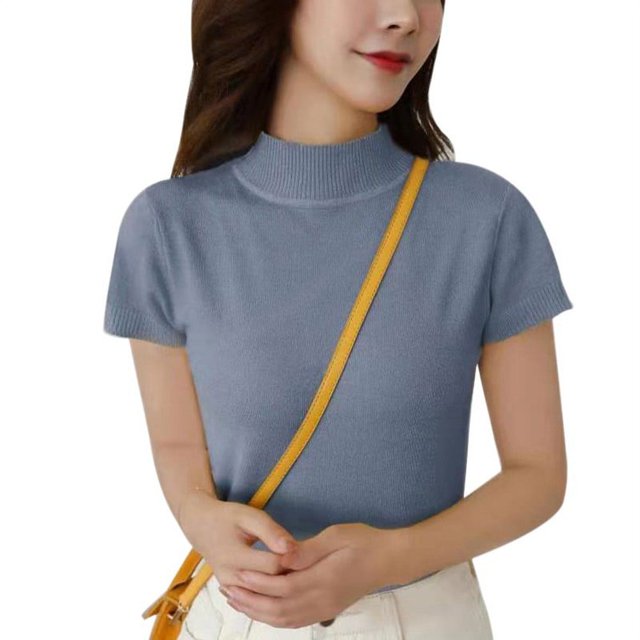 Chemises Demi-Col Roulé à Manches Courtes pour Femmes Tops Tricotés Tops Chemises Slim