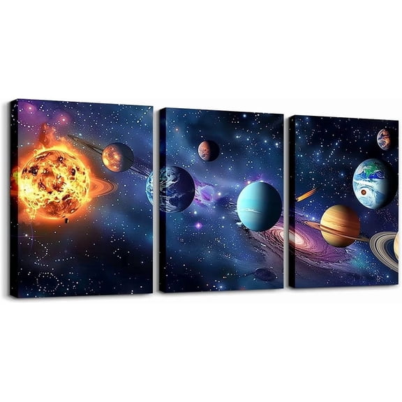 Blue Galaxy Canvas Wall Art Set of 3, Solar System Star Decor Paintings Wall Decor for Bedroom Living Room, Universe Outer Space Themed Poster Prints Starry Sky Decor Planet Print Wall Art