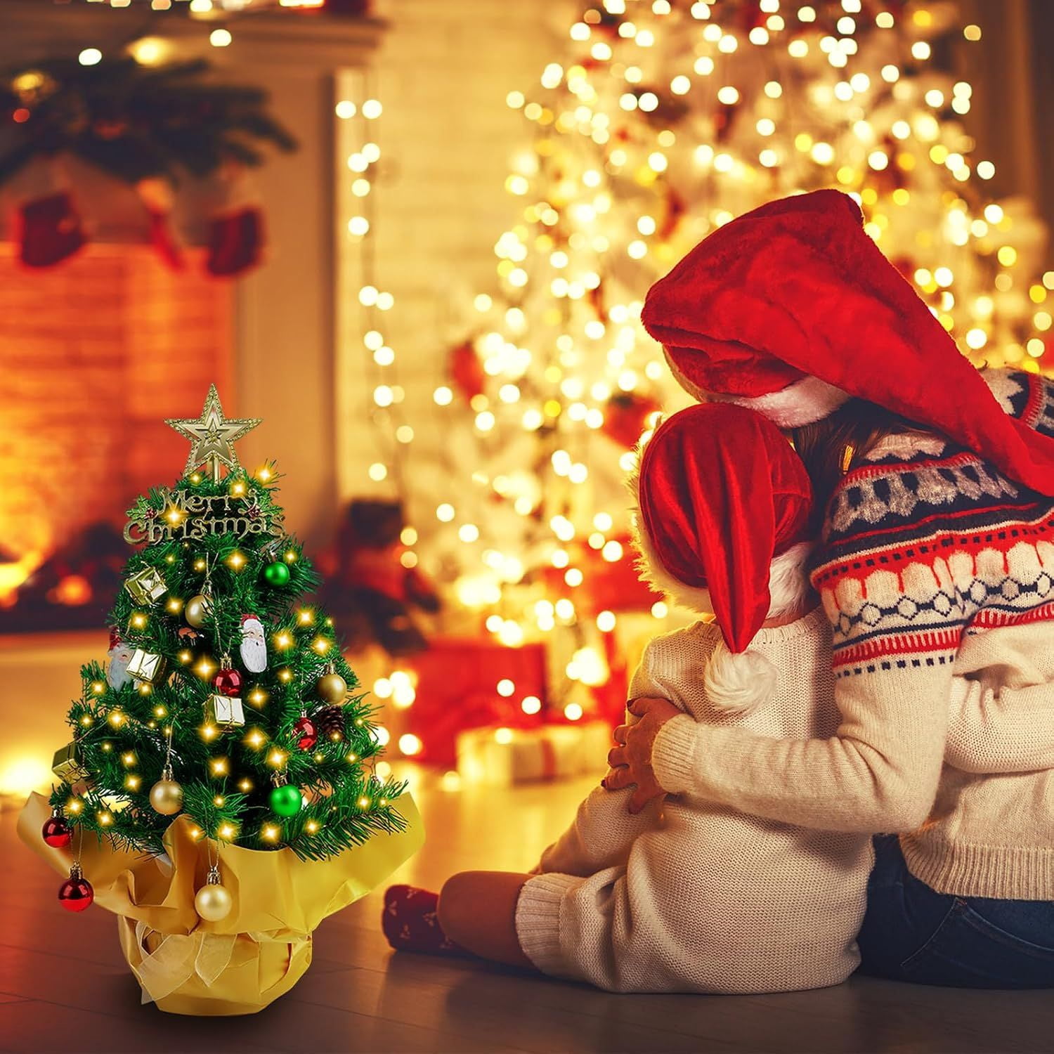 Pre-Lit Mini Christmas Tree with 30 LED Lights, Star Topper, Ornaments and Gift Boxes, 23 in Tabletop Holiday Decor for Desk, Home or Office