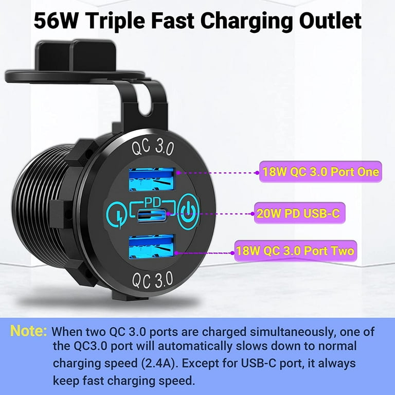 56W USB C Car Charger Socket, Aluminum Metal 12V-24V Multiple USB Outlet  20W PD USB-C & Two QC3.0 Ports 