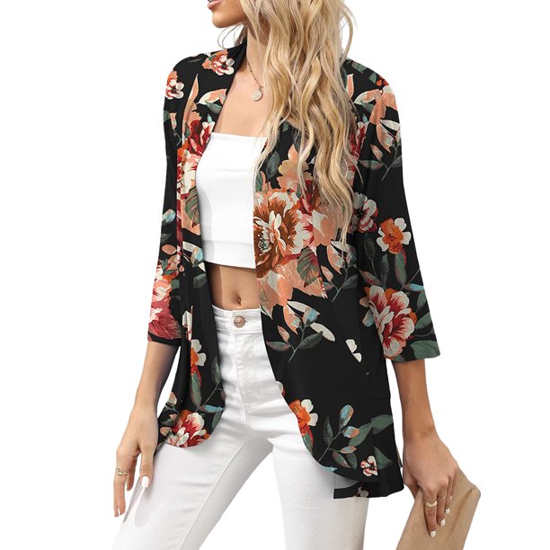 UKAP Cárdigan tipo Kimono para mujer, blusa con parte delantera abierta, blusa de manga 3/4, suéteres de verano con dobladillo alto y bajo para mujer