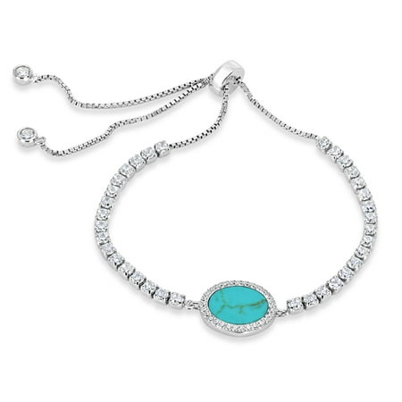 Stabilized Turquoise and White Cubic Zirconia Sterling Silver Rhodium Plated Oval Box Chain Bolo Bracelet 10