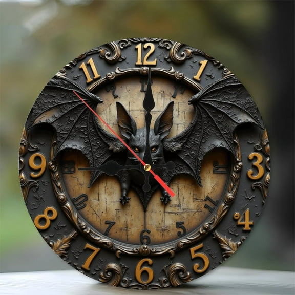 Gothic Bat Wall Clock Decor for Home Living Room 10-Inch Silent Wooden Wall Clock, Battery Operated (AA Batteries Not Included), Artistic Home Decor