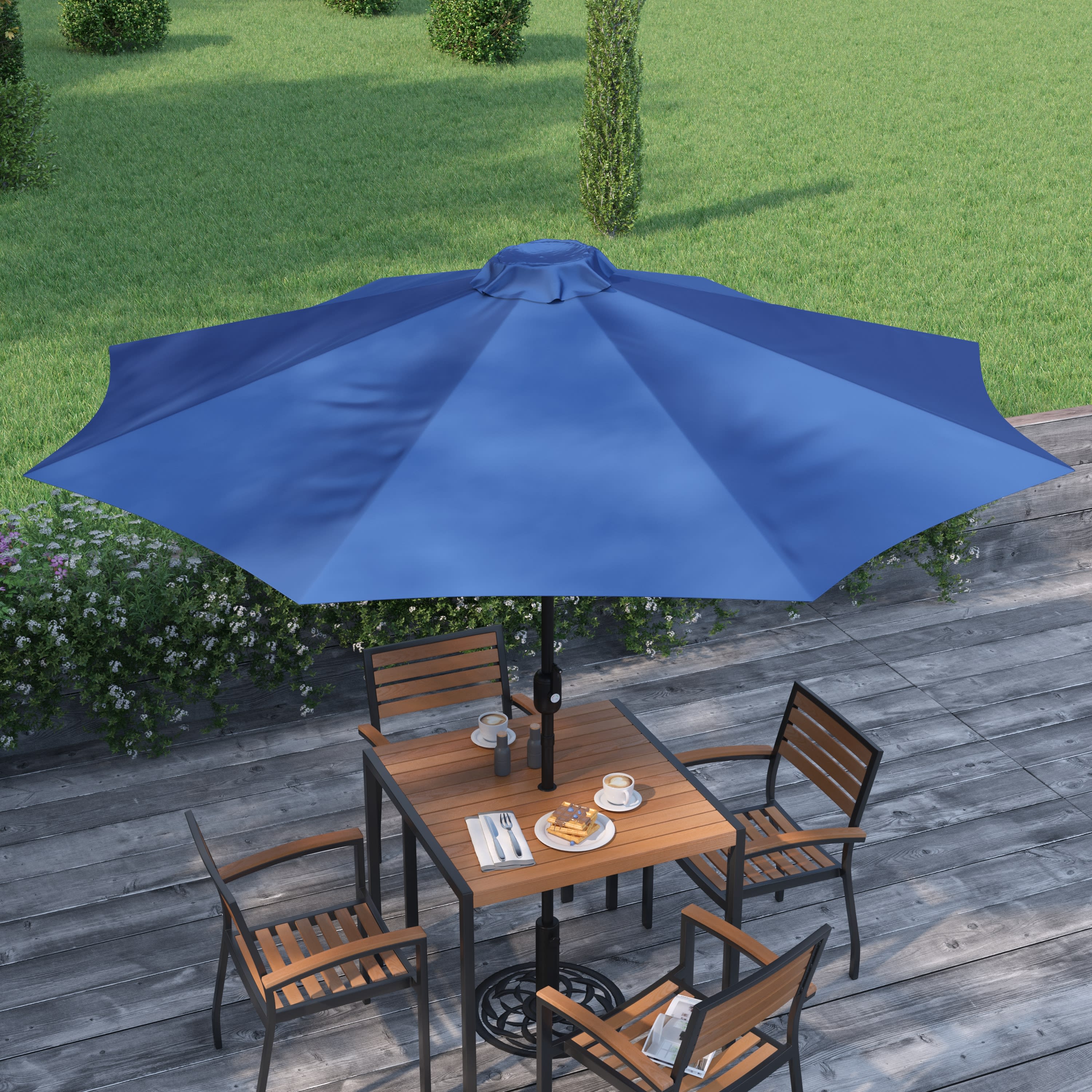 Merrick Lane Navy 9' Round UV Resistant Outdoor Patio Umbrella With Height Lever And 33° Push Button Tilt