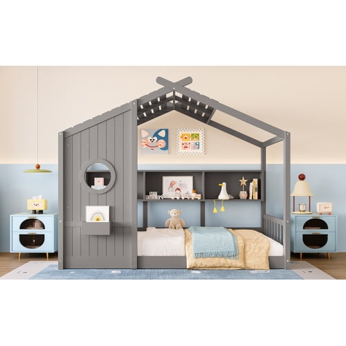 Generic Twin Size Floor House Bed for Toddler, Kids Montessori Bed with Storage Shelf, Playhouse Bed with Roof Design, Gray