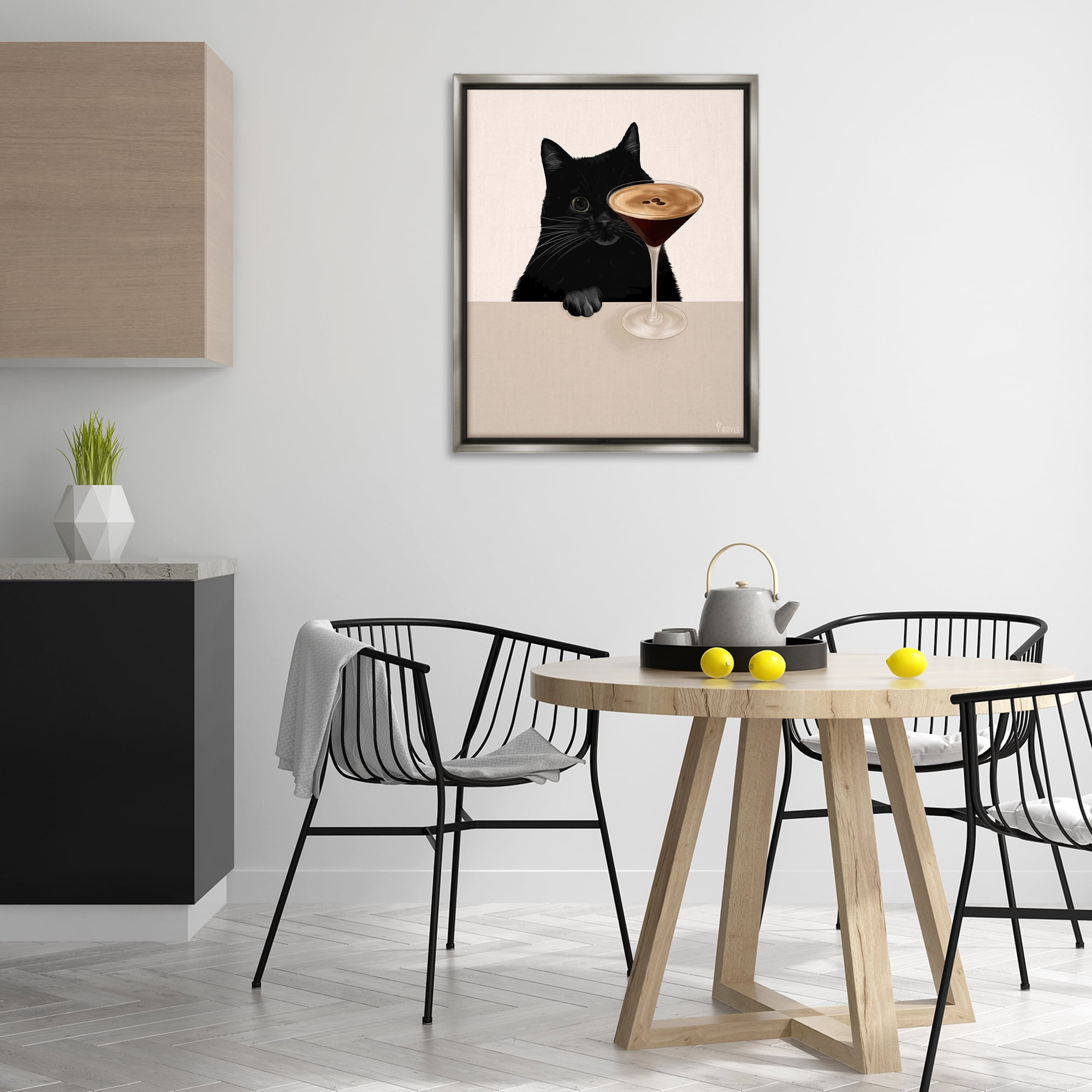 Stupell Industries Cat & Espresso Martini Food & Beverage Painting Gray Floater Framed Art Print Wall Art, 25 x 31