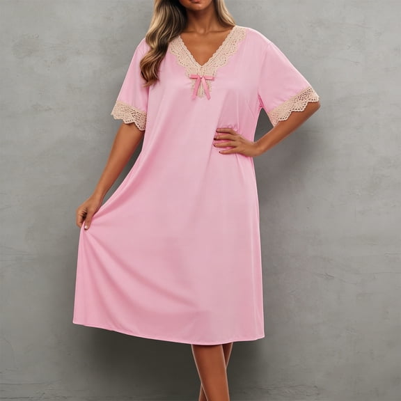Women's Ice Silk Lace Trim Nightgown Short Sleeve Cooling Sleep Dress Breathable Lightweight Summer Nightshirt Loose Casual Lounge Dress Soft Comfortable Homewear for Women