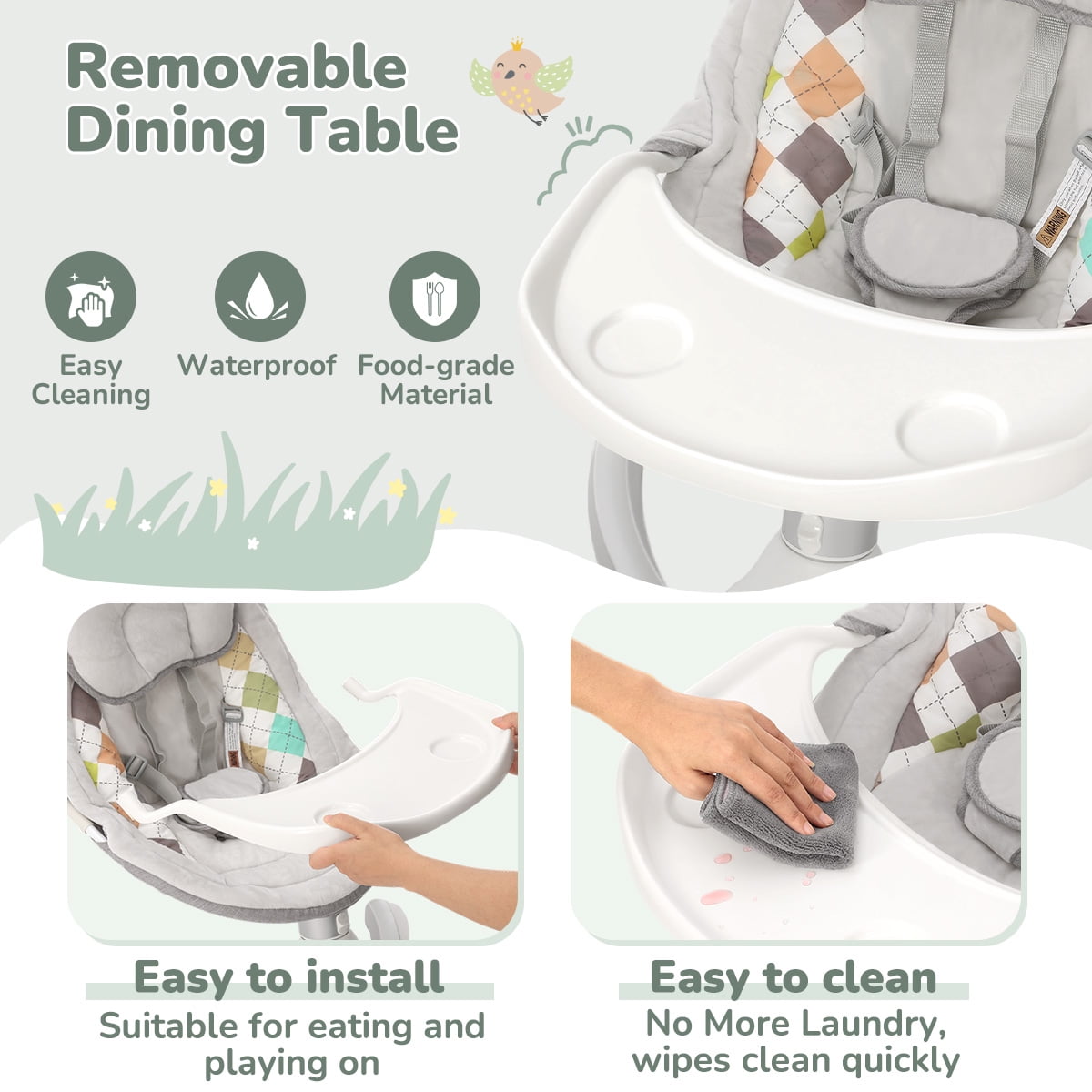Baby Swing for Infants, Caveen Baby Rocker with Dinner Plate, 5 Swing Speeds, Adapter Battery Operated, Indoor,Outdoor, Grey