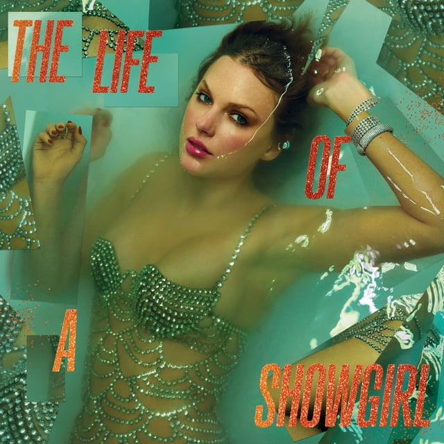 Taylor Swift - The Life of a Showgirl: Sweat and Vanilla Perfume Portofino - Vinyl album cover featuring a fragmented collage of a woman wearing a rhinestone-studded showgirl costume with intricate beadwork, submerged in teal-tinted water, overlaid with glittery orange text reading 'THE LIFE OF A SHOWGIRL'.