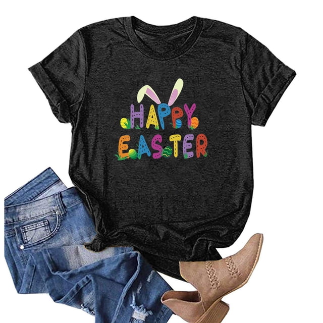 Daisyyozoid Chemise Joyeuses Pâques pour Femmes, Manches Courtes Imprimées, Col Rond, Blouse Ample