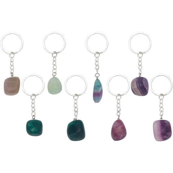 8pcs Natural Fluorite Keychain Pendants Gemstone keyrings Beads Keychains Tumbled Stone Charms for Women Men Car Key Handbag Purse Gifts Backpacks Earphone Party Favors