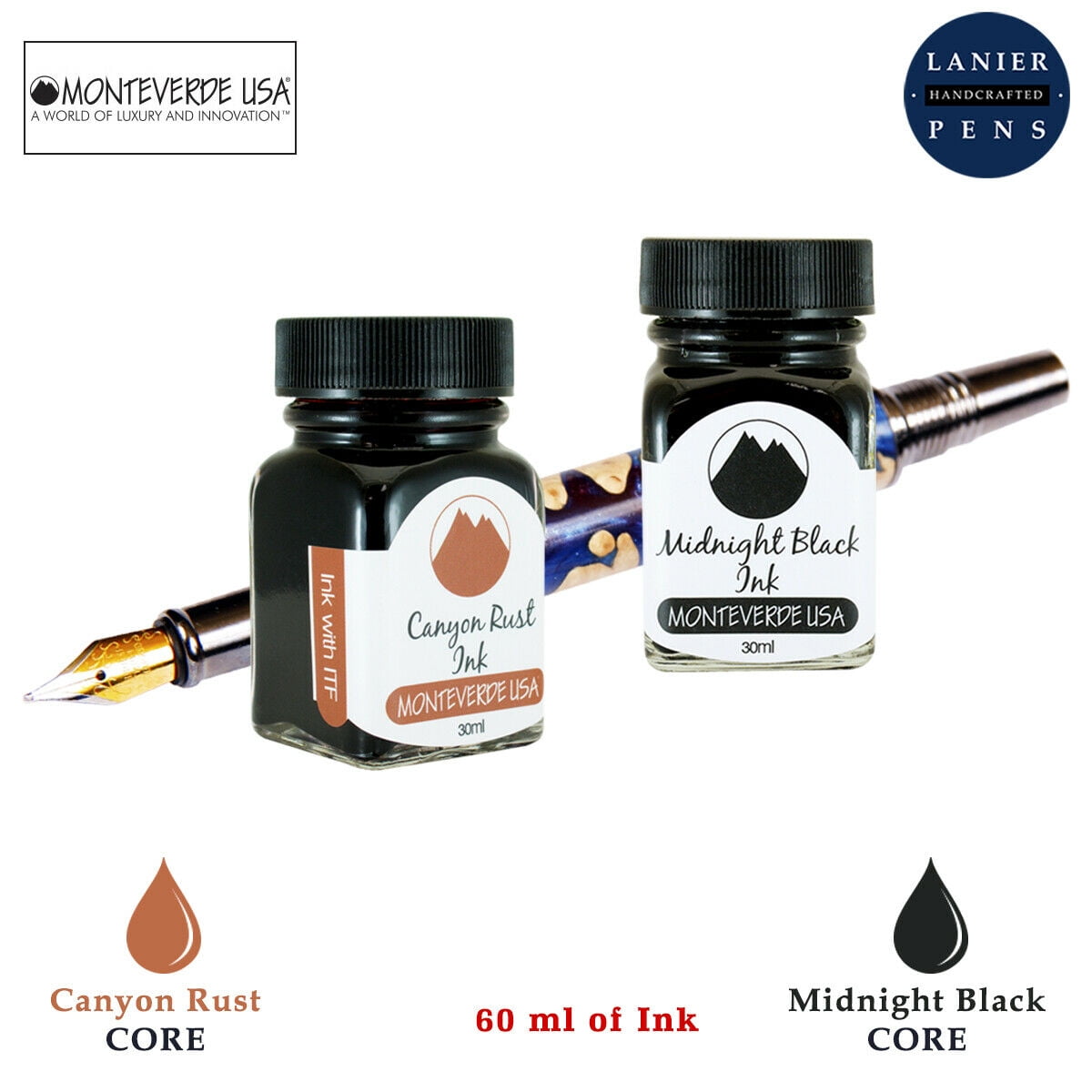 Monteverde 60ml Core Fountain Pen Ink Bottle (30ml Canyon Rust Ink Bottle G309CP, 30ml Midnight Black Ink Bottle G309MB)