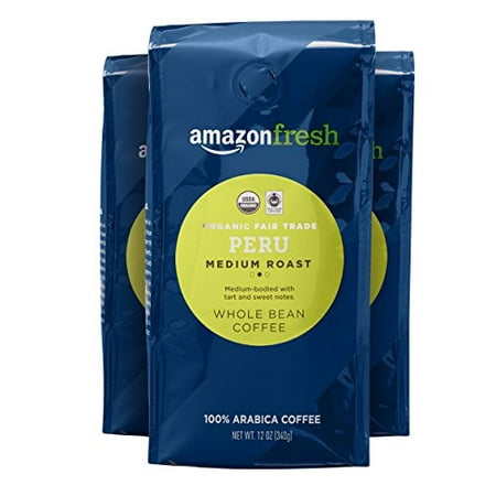 AmazonFresh Organic Fair Trade Peru Whole Bean Coffee, Medium Roast, 12 Ounce (Pack of 3)