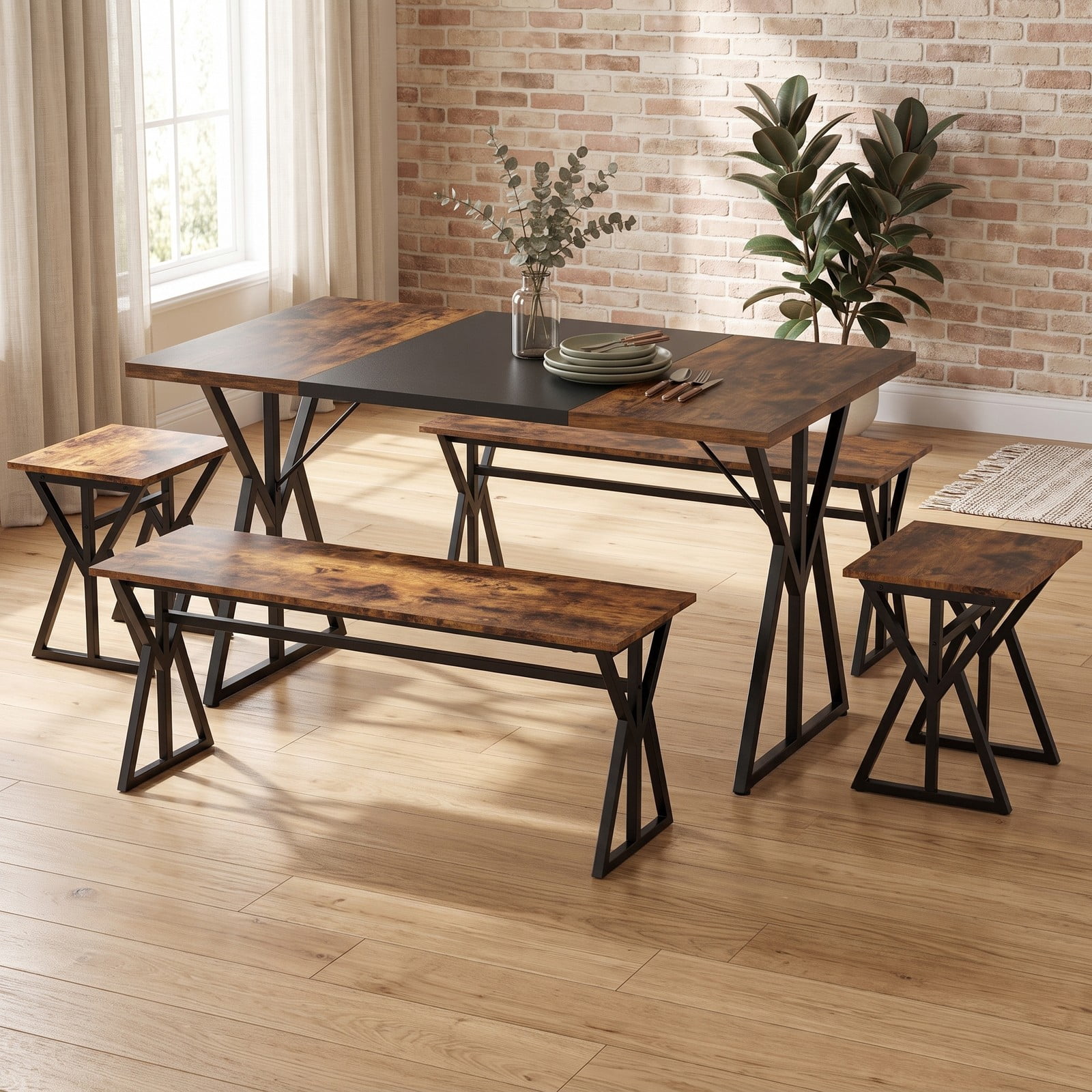 Furnibear 5 Piece Industrial Dining Set with Rectangular Table 2 Benches and 2 Stools for Kitchen Dining Room and Small Apartments, Rustic Brown