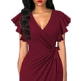 thumbnail image 3 of DYMADE Women V-neck Slim Fit Flare Sleeve Wrap Dress, 3 of 4