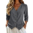 thumbnail image 2 of V Neck 3/4 Sleeve Top Cotton Linen Button Breathable Material Loose Fit Office Commute Fashion Tunic Blouse, 2 of 5